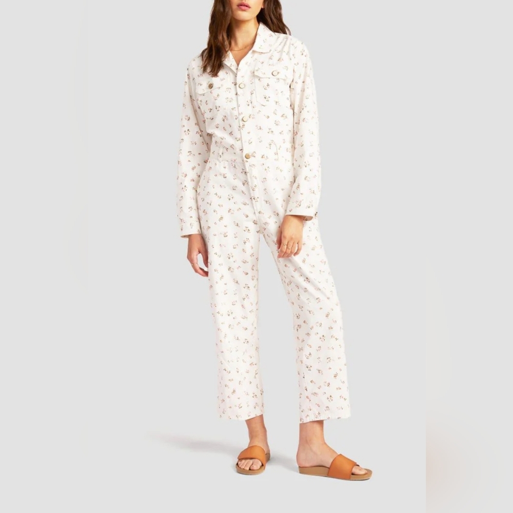 Billabong Just Work It Floral Print Cream Jumpsuit Size: Medium